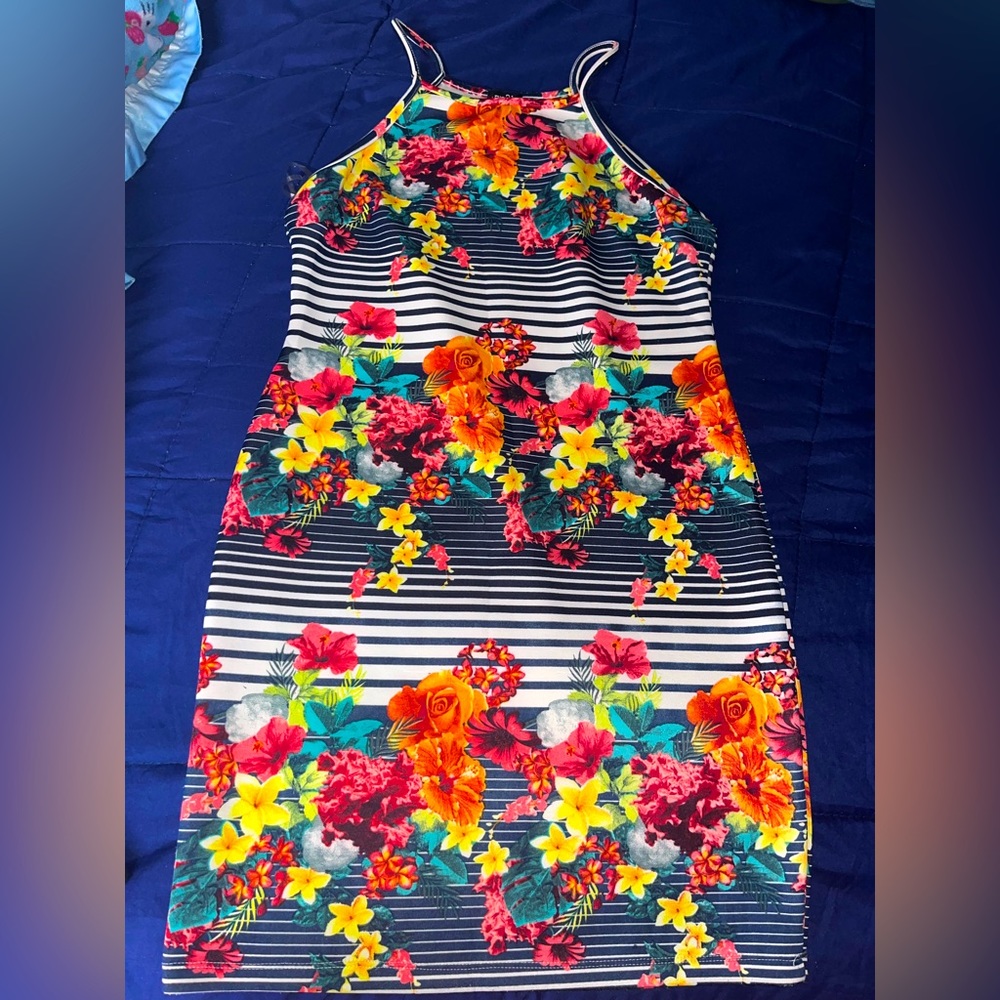 Floral dress with navy blue strips